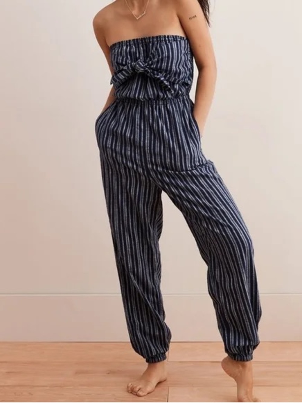 AERIE Navy and White Strapless Striped Jumpsuit